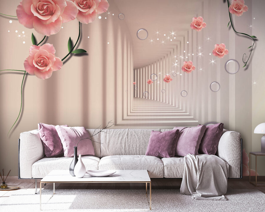 Papier peint avec des roses roses et des escaliers blancs