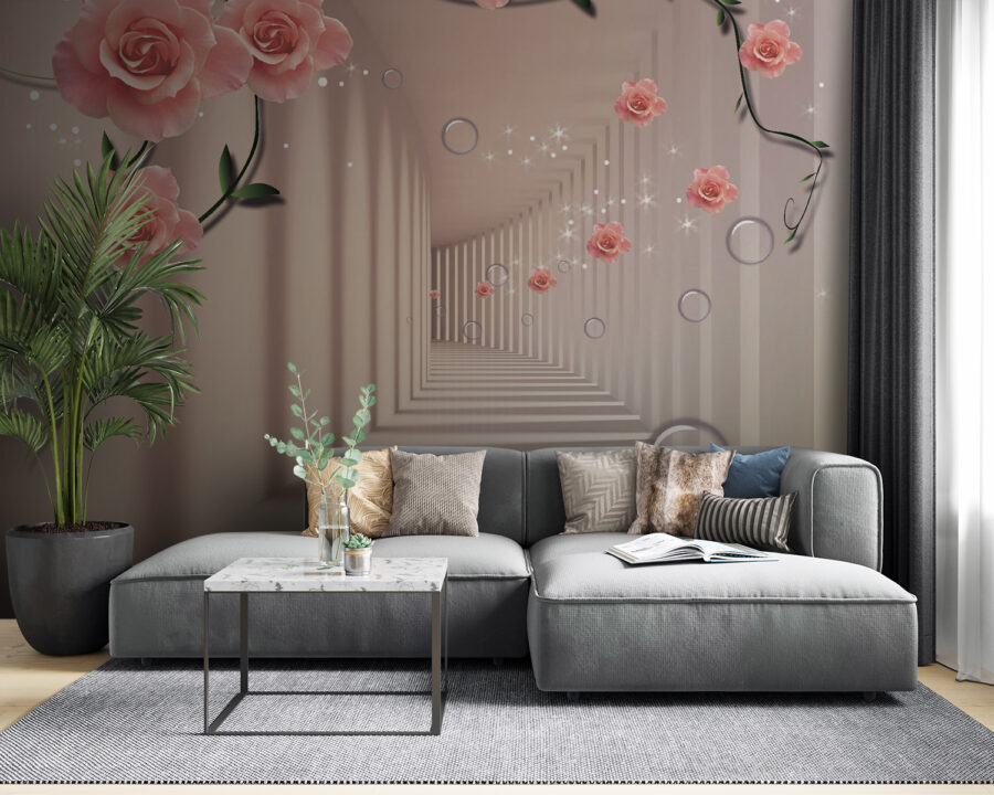 Papier peint avec des roses roses et des escaliers blancs