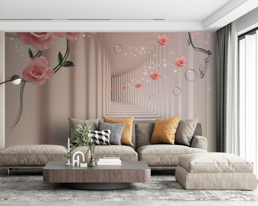 Papier peint avec des roses roses et des escaliers blancs