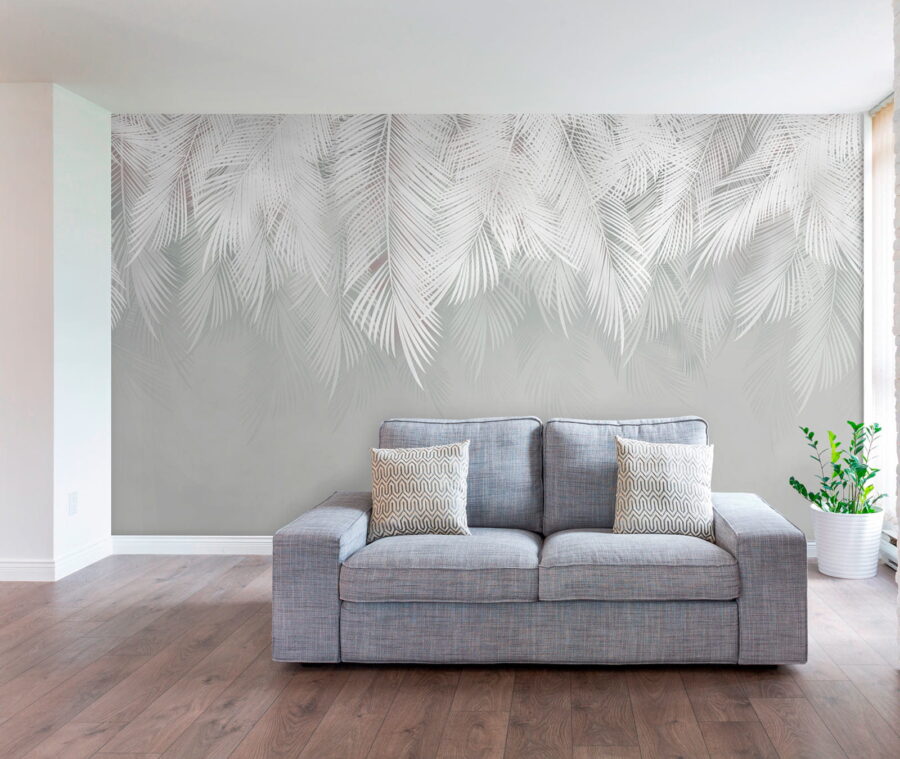 Papier peint Motif de plumes blanches sur fond gris