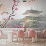 Papier peint Arbre avec des fleurs roses et un bâtiment en arrière-plan