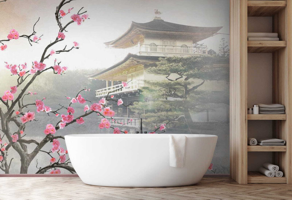 Tree with pink flowers and a building in the background Tree with pink flowers and a building in the background