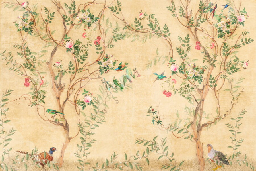 Papier peint avec des oiseaux et des fleurs
