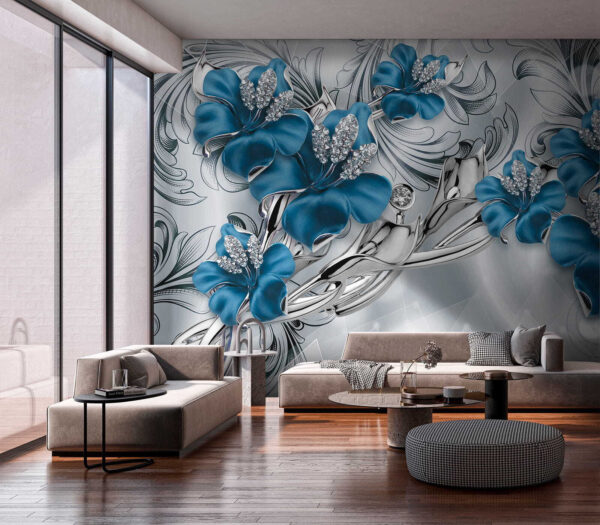 Fleurs argentées et bleues sur fond argenté et noir Fleurs argentées et bleues sur fond argenté et noir