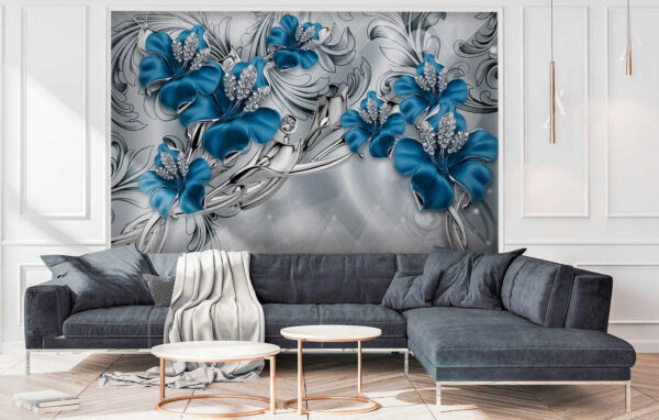 Fleurs argentées et bleues sur fond argenté et noir Fleurs argentées et bleues sur fond argenté et noir