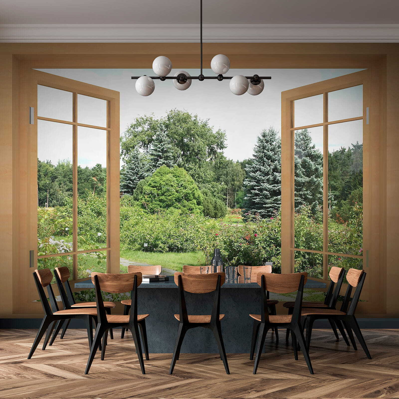 Window with trees and a path through it Window with trees and a path through it