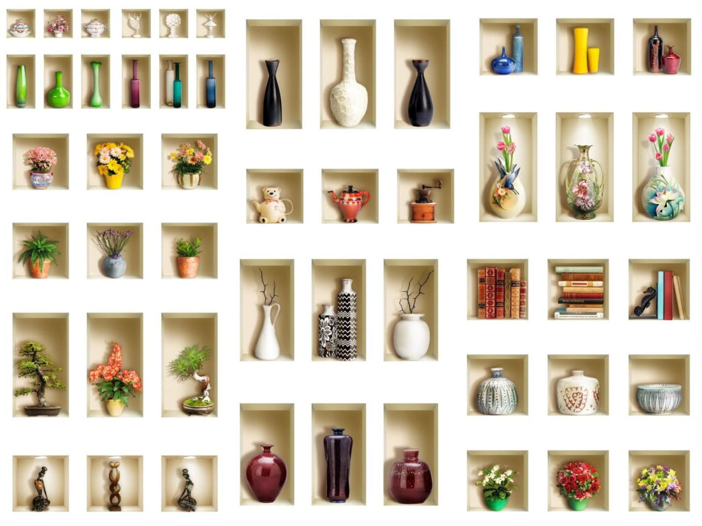 Mur avec étagères remplies de vases et de fleurs Mur avec étagères remplies de vases et de fleurs