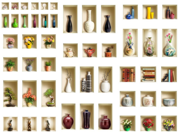 Mur avec étagères remplies de vases et de fleurs Mur avec étagères remplies de vases et de fleurs