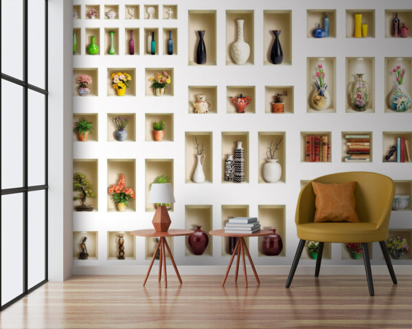 Mur avec étagères remplies de vases et de fleurs Mur avec étagères remplies de vases et de fleurs