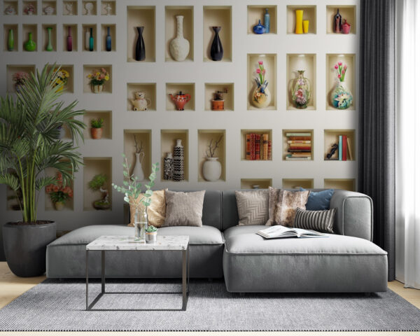 Mur avec étagères remplies de vases et de fleurs Mur avec étagères remplies de vases et de fleurs