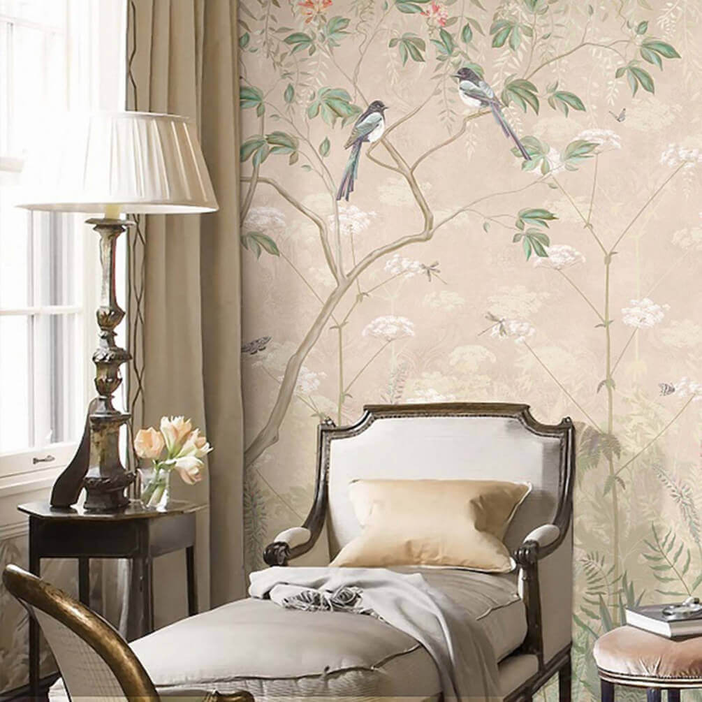 u66462pig1m - Papier peint avec des oiseaux sur des arbres et des fleurs - tegory