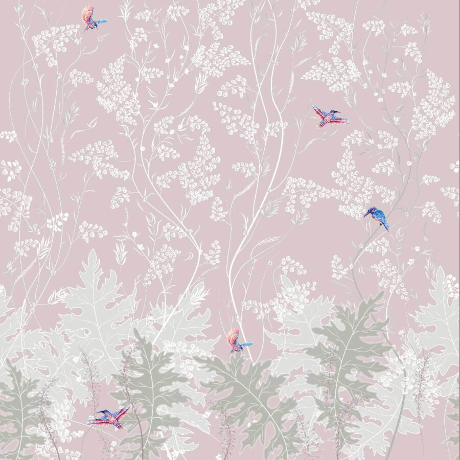 Papier peint avec des oiseaux et des plantes