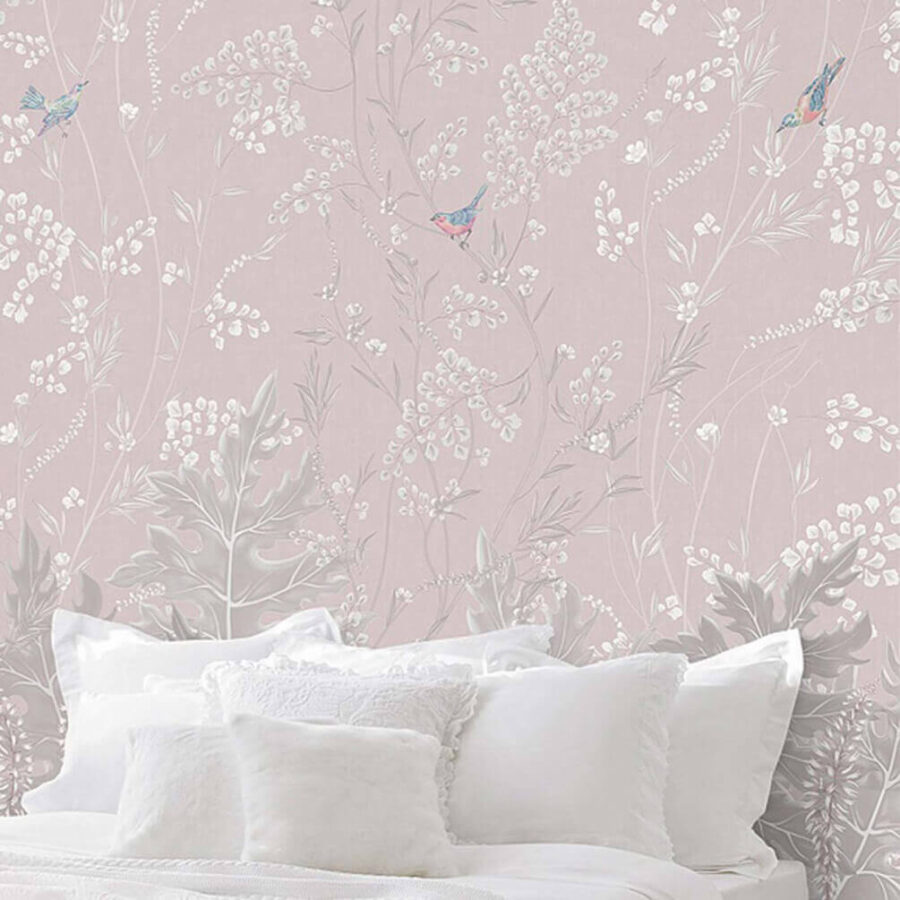 Papier peint avec des oiseaux et des plantes