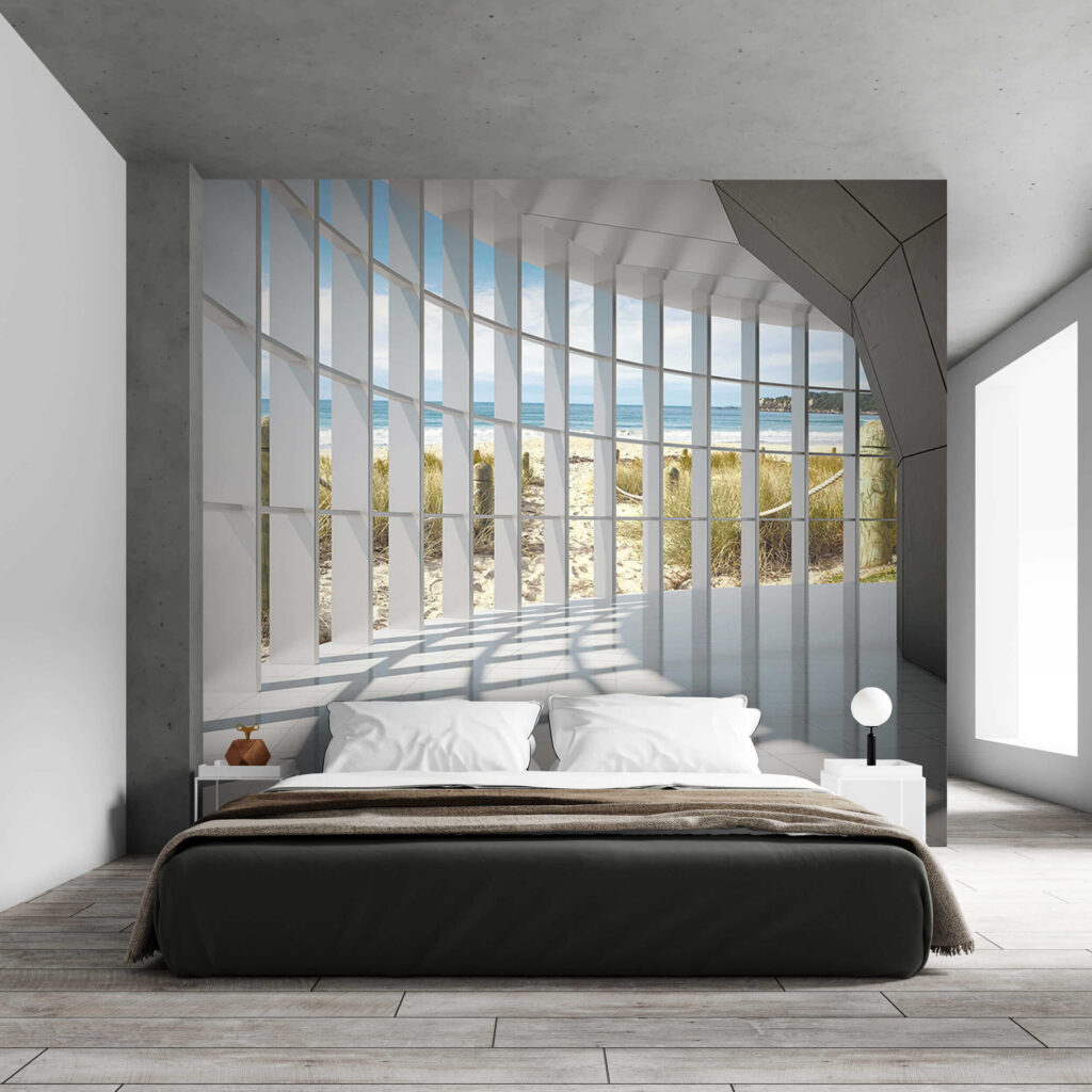 Large room with windows and a beach view Large room with windows and a beach view