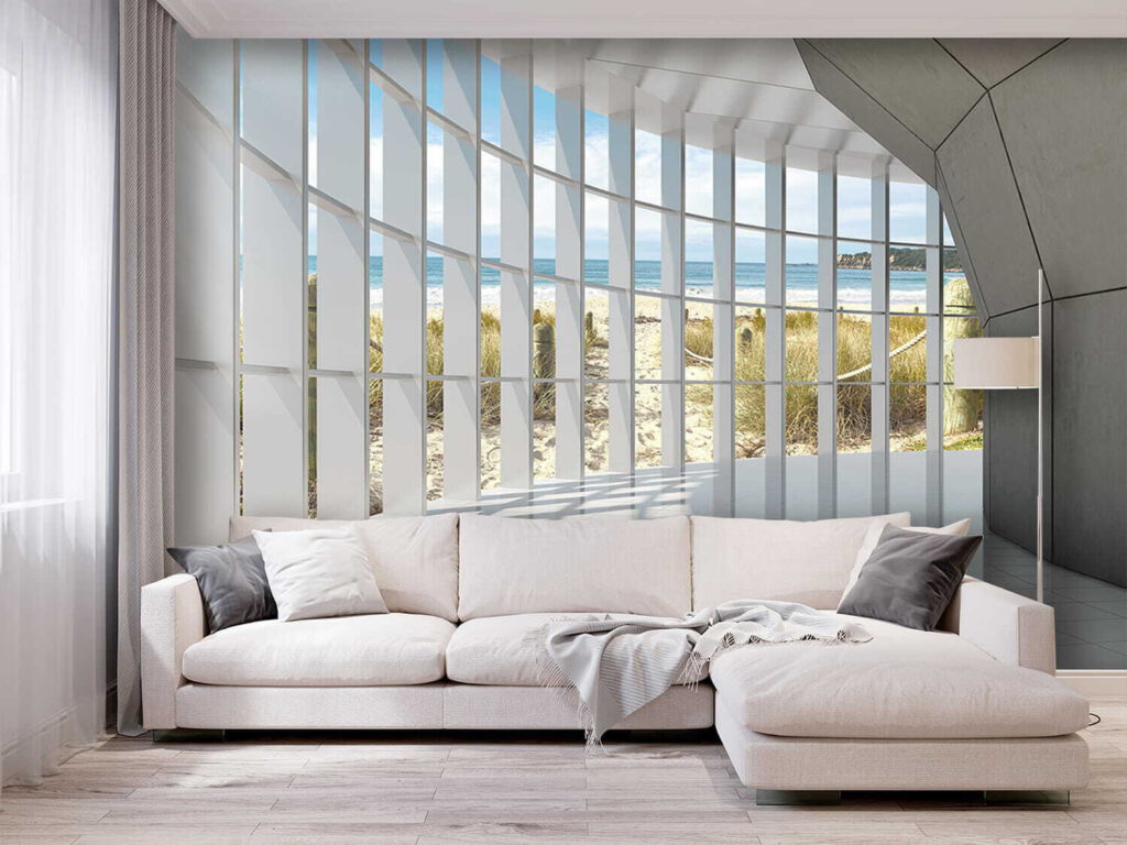 Large room with windows and a beach view Large room with windows and a beach view