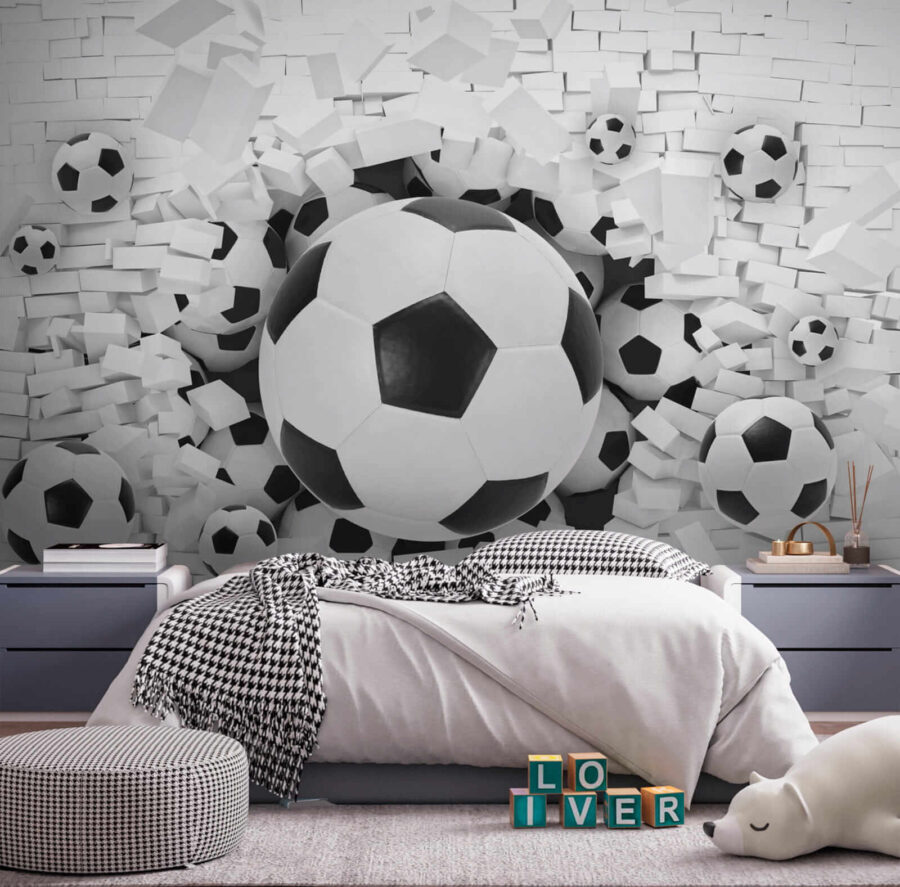 Groupe de ballons de football dans un tas de briques Groupe de ballons de football dans un tas de briques