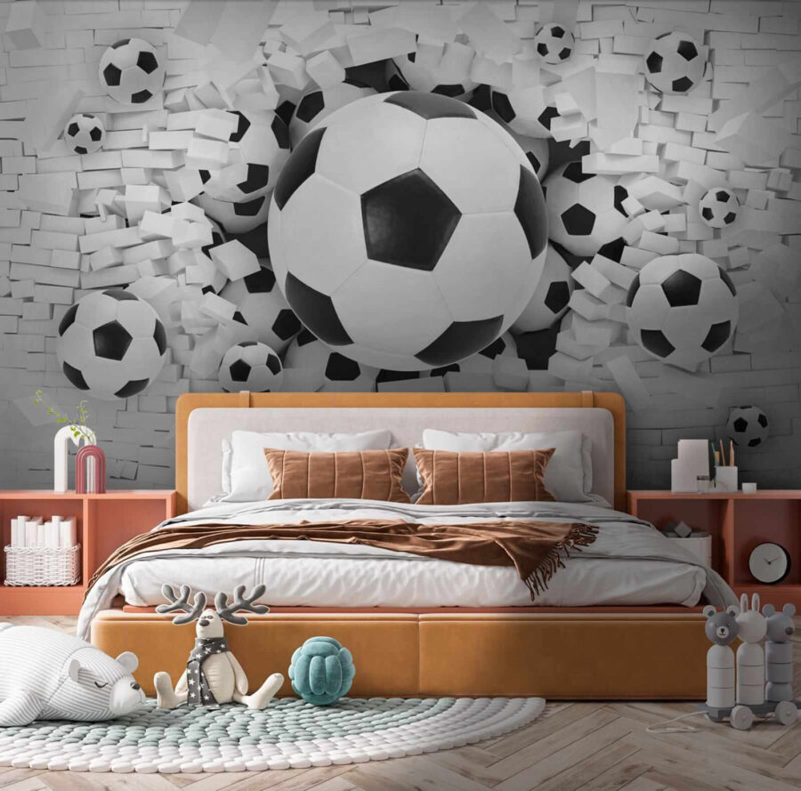 Groupe de ballons de football dans un tas de briques Groupe de ballons de football dans un tas de briques