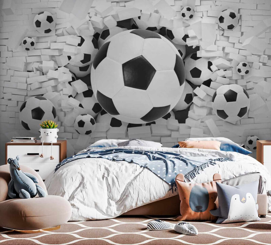 Groupe de ballons de football dans un tas de briques Groupe de ballons de football dans un tas de briques