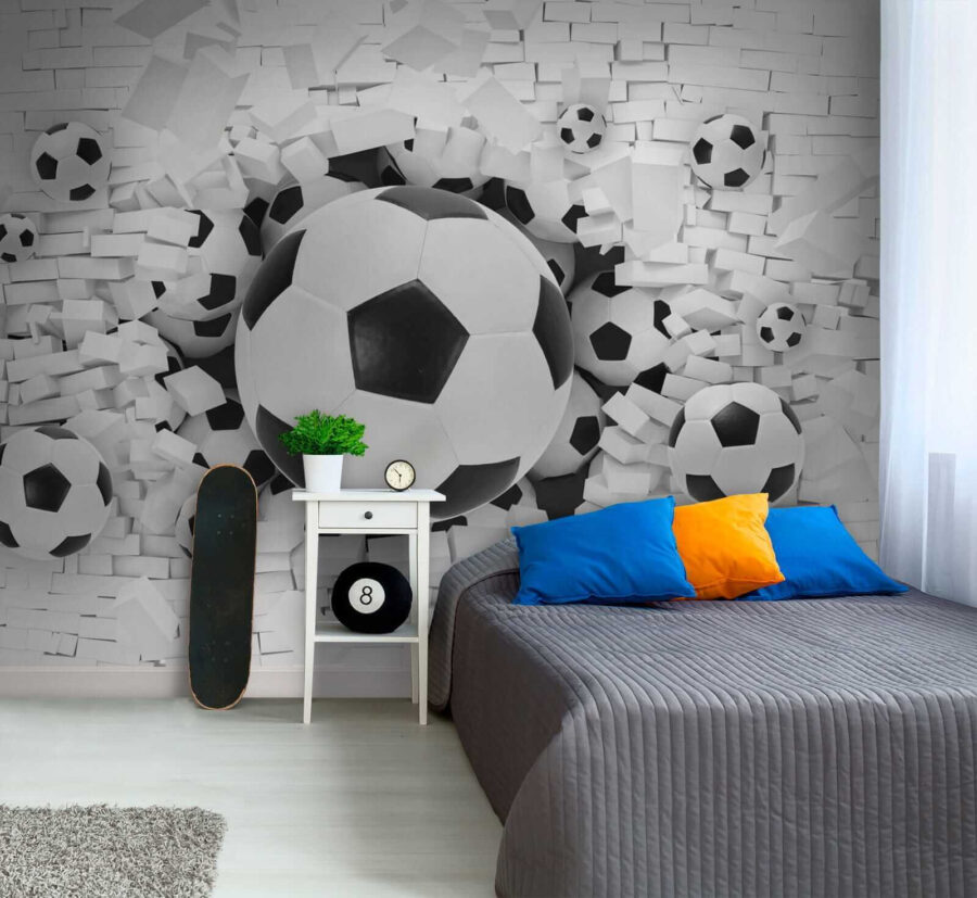 Groupe de ballons de football dans un tas de briques Groupe de ballons de football dans un tas de briques