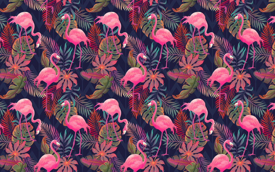 Un motif de flamants roses et de feuilles