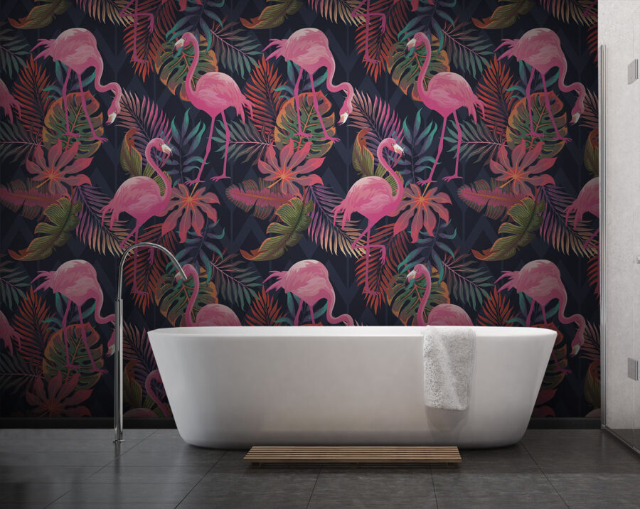 Un motif de flamants roses et de feuilles
