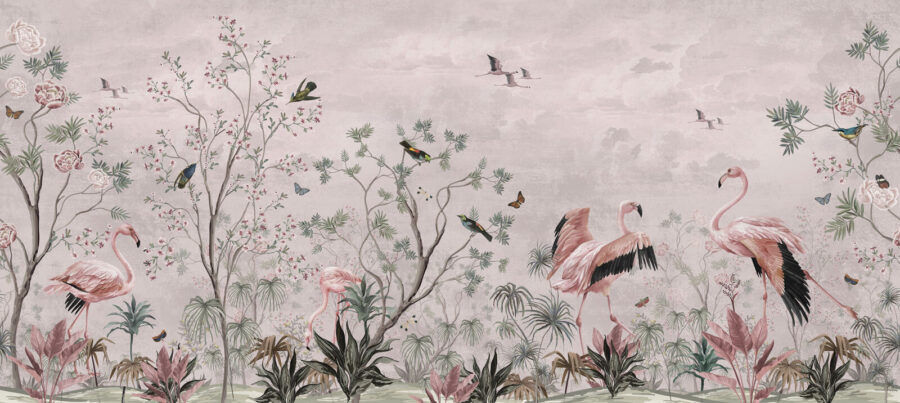 Papier peint avec des oiseaux et des plantes