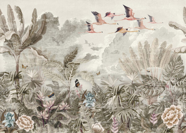 Peinture murale d'oiseaux volant au-dessus d'une forêt Peinture murale d'oiseaux volant au-dessus d'une forêt