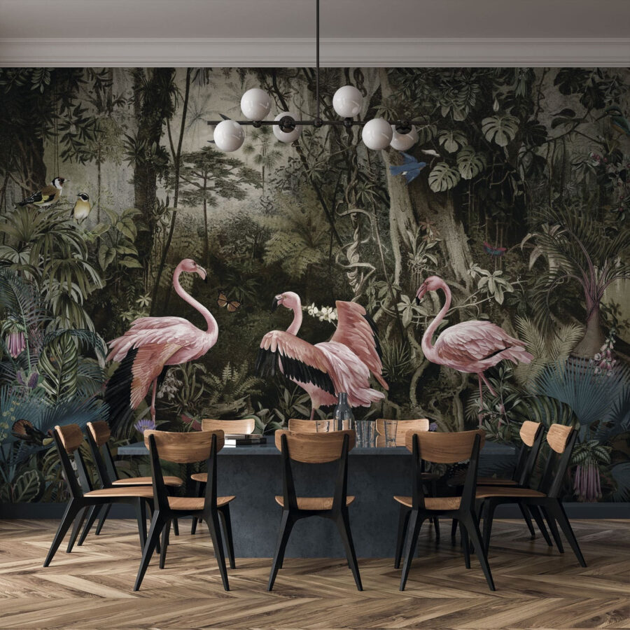 Groupe de flamants roses dans une forêt