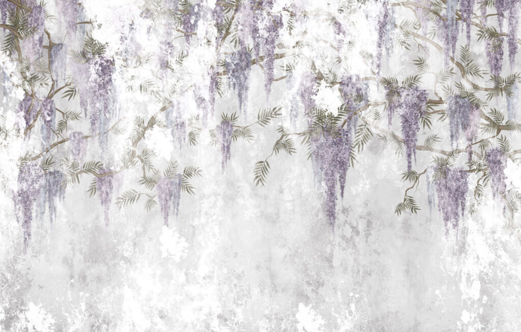 Mur blanc avec des fleurs violettes Mur blanc avec des fleurs violettes