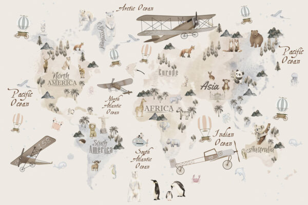 Carte du monde avec animaux et oiseaux Carte du monde avec animaux et oiseaux