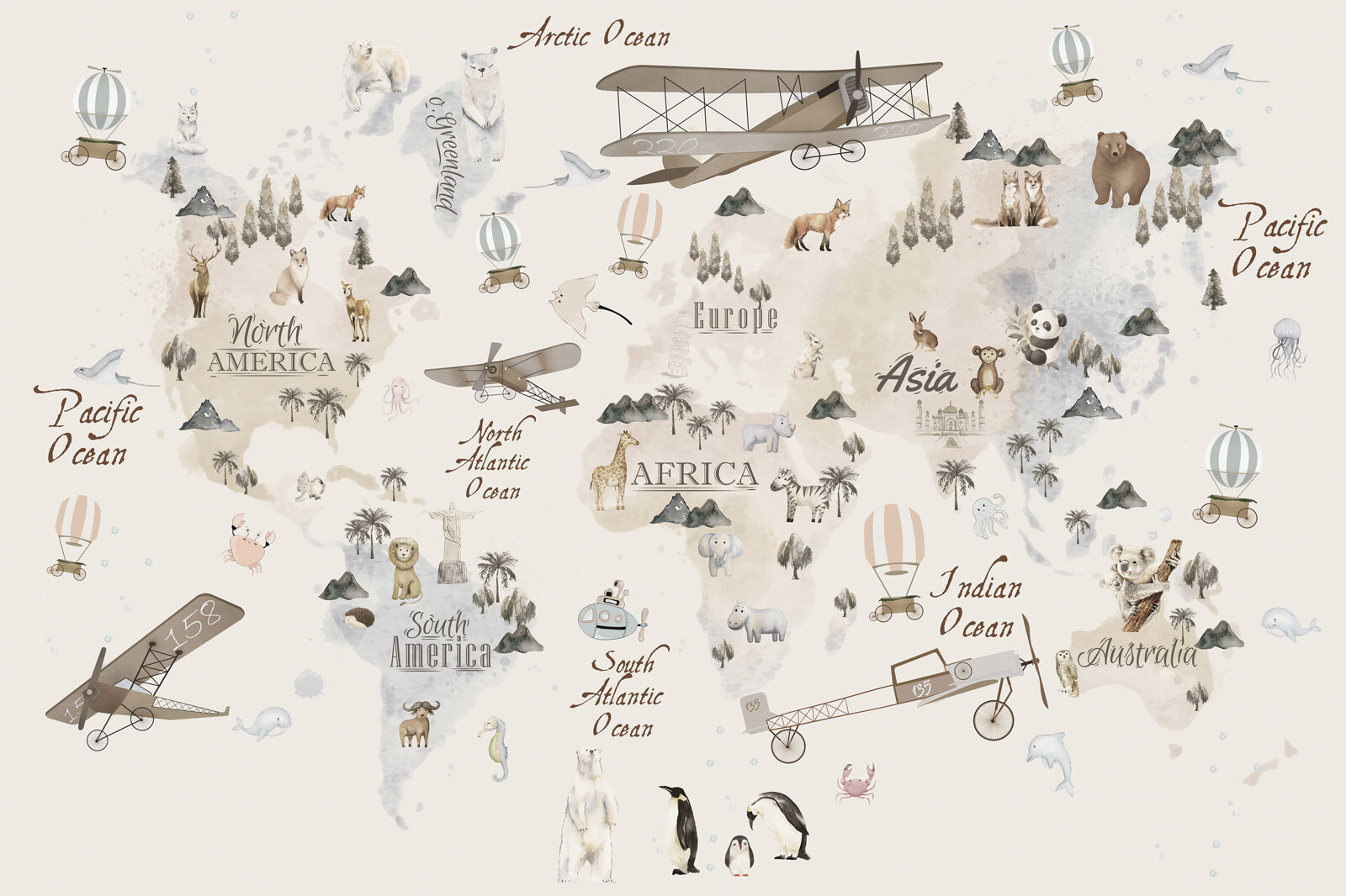 Map of the world with animals and birds