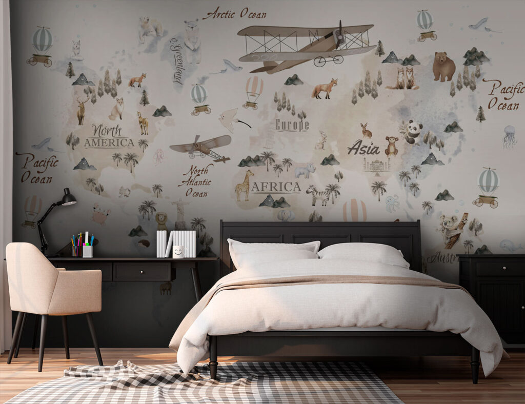 Map of the world with animals and birds