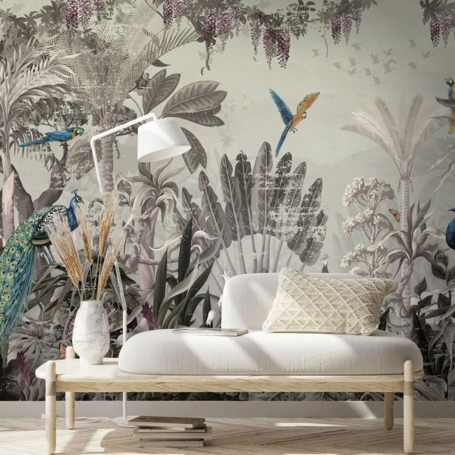 Papier peint avec des oiseaux et des plantes Papier peint avec des oiseaux et des plantes