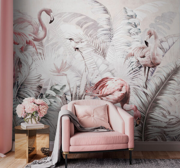 Papier peint avec des flamants roses et des oiseaux Papier peint avec des flamants roses et des oiseaux