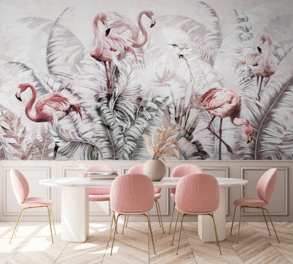 Papier peint avec des flamants roses et des oiseaux Papier peint avec des flamants roses et des oiseaux