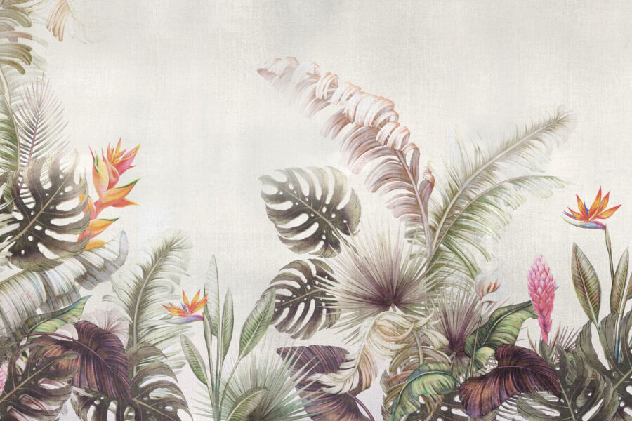 Feuillage et fleurs tropicaux éclatants.