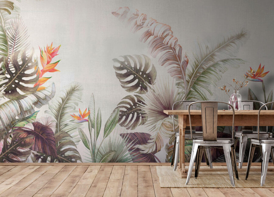 Feuillage et fleurs tropicaux éclatants.