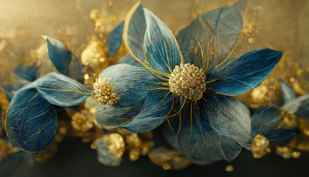 Feuilles bleues élégantes et fleurs délicates Feuilles bleues élégantes et fleurs délicates