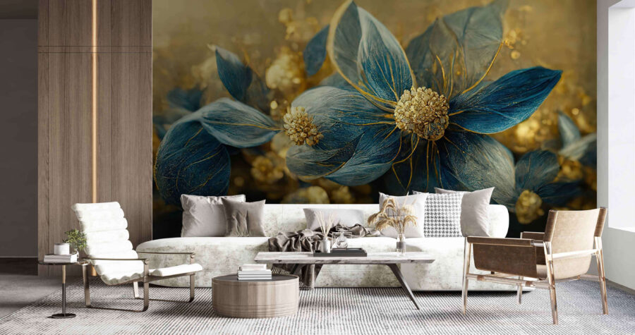 Feuilles bleues élégantes et fleurs délicates Feuilles bleues élégantes et fleurs délicates