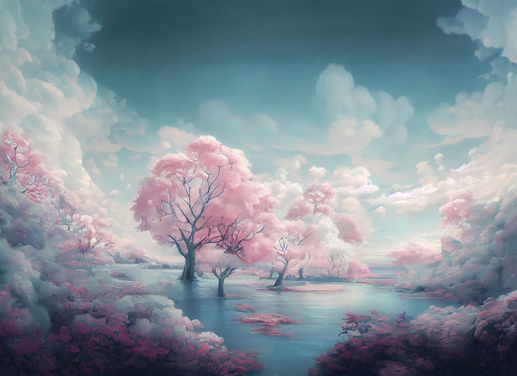 Paysage d'arbres roses et d'eau Paysage d'arbres roses et d'eau