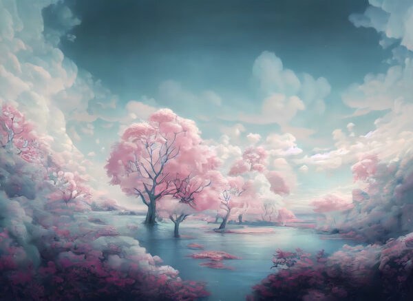 Paysage d'arbres roses et d'eau Paysage d'arbres roses et d'eau