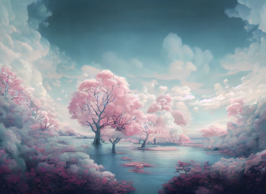 Paysage d'arbres roses et d'eau