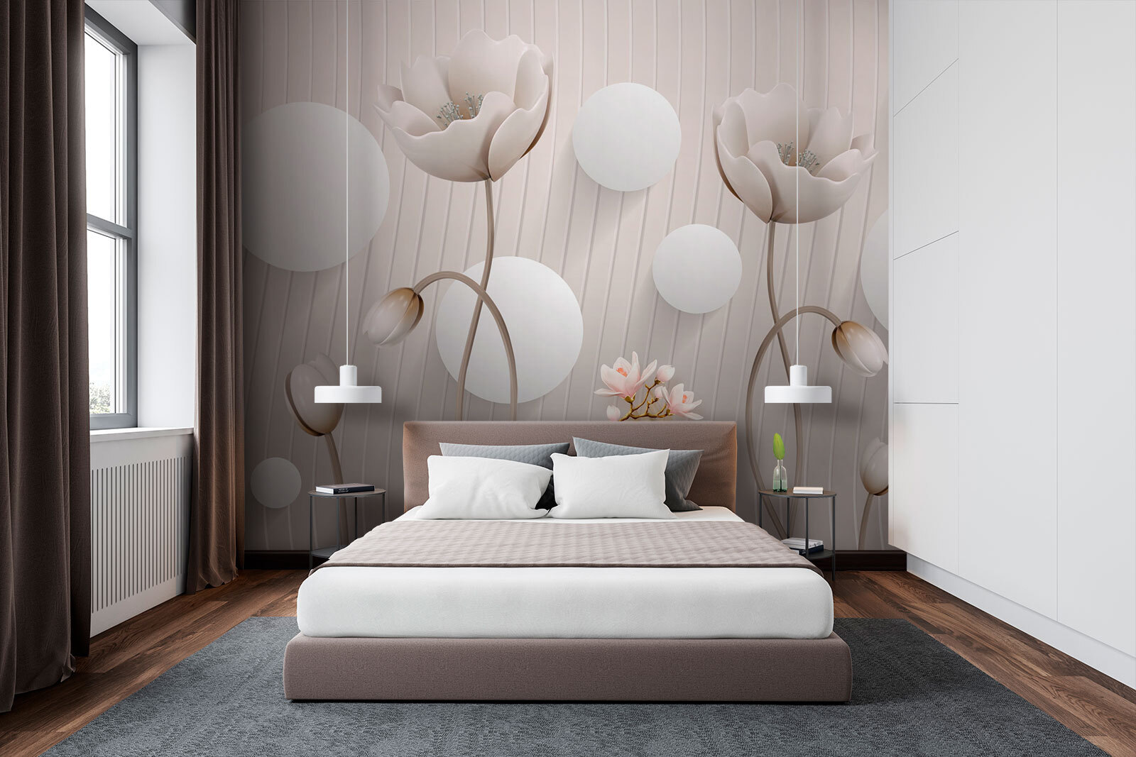 u74207pib1m - Papier peint avec des fleurs et des cercles - tegory