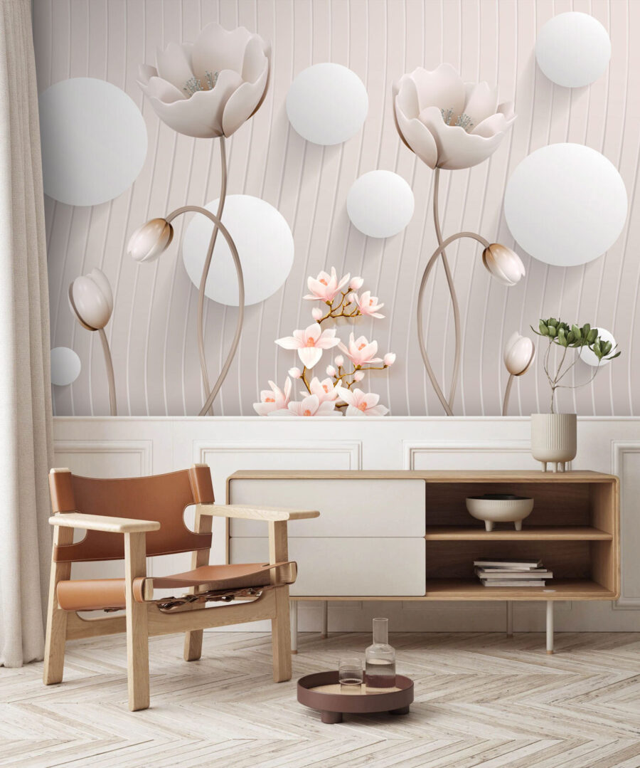 Papier peint avec des fleurs et des cercles Papier peint avec des fleurs et des cercles