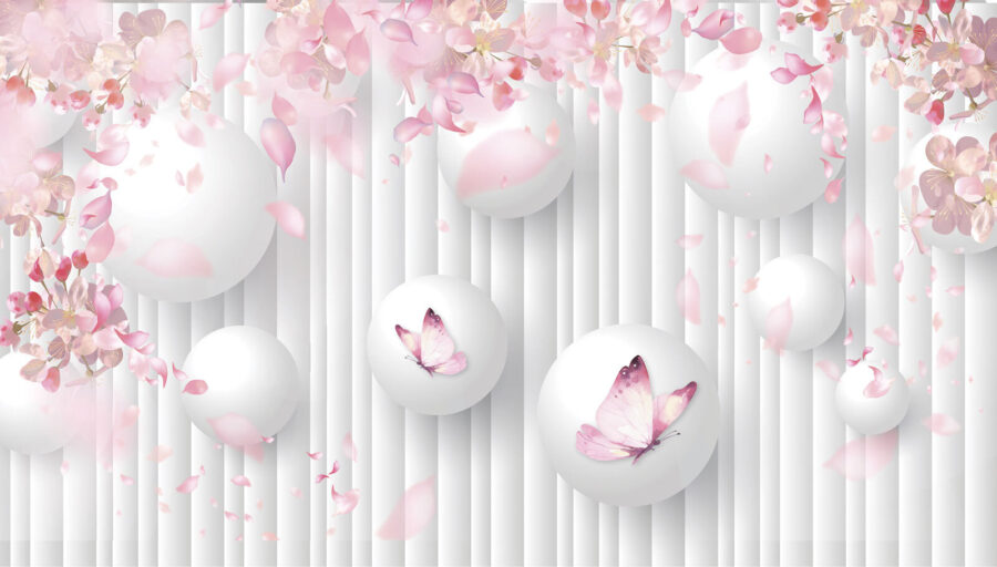 Groupe de boules blanches ornées de papillons roses