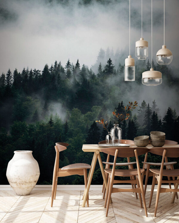 Forêt brumeuse avec des arbres Forêt brumeuse avec des arbres