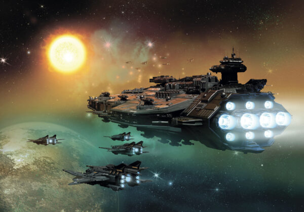 Vaisseau spatial dans l'espace avec un groupe de vaisseaux spatiaux dans le ciel Vaisseau spatial dans l'espace avec un groupe de vaisseaux spatiaux dans le ciel