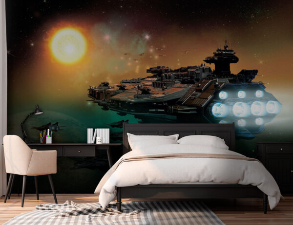 Vaisseau spatial dans l'espace avec un groupe de vaisseaux spatiaux dans le ciel Vaisseau spatial dans l'espace avec un groupe de vaisseaux spatiaux dans le ciel