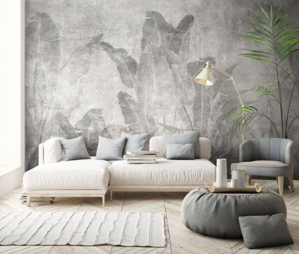 Papier peint Mur gris avec des feuilles et un mur de briques (UGS : u74406) Papier peint Papier peint Mur gris avec des feuilles et un mur de briques (UGS : u74406)