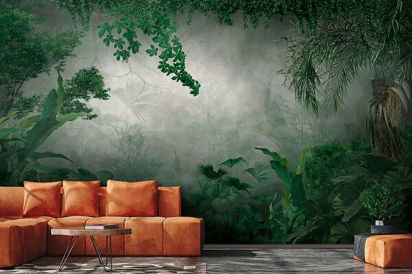 Forêt brumeuse avec plantes et arbres Forêt brumeuse avec plantes et arbres